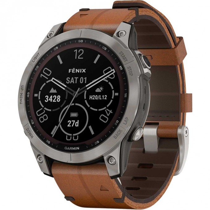 Часы GARMIN FENIX 7 Sapphire Solar титановый черный с коричневым кожаным ремешком 010-02541-19G Часы GARMIN FENIX 7 Sapphire Solar титановый черный с коричневым кожаным ремешком 010-02541-19G